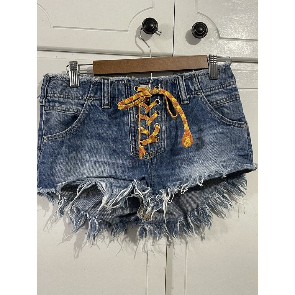 FREE PEOPLE Becket Cut Off LACE-UP FRAYED HEM SHORTS SIZE 25 Festival Boho